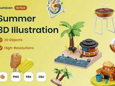 Summer 3D Illustration 3d 3d art 3d illustration bbq beach concept graphics holiday icons illustration page paradise relax shine summer sunny surfing tropical wave