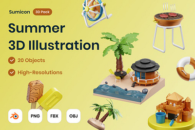 Summer 3D Illustration 3d 3d art 3d illustration bbq beach concept graphics holiday icons illustration page paradise relax shine summer sunny surfing tropical wave