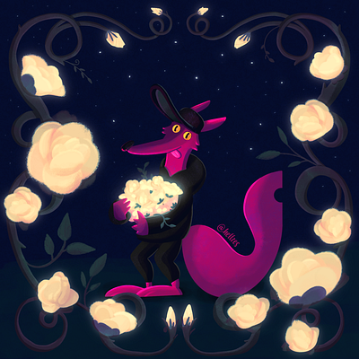 Rodeado de Rosas Blancas artwork bloom bright character design digital art digital illustration digital painting flores flowers fox hellzes illustration night noche pink rosas roses wolf