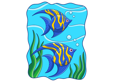 Cartoon illustration two angelfish swimming in the sea drawing