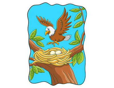 Cartoon illustration the eagle perched on its nest in the tree happy