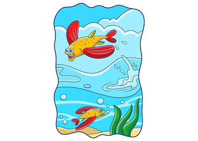 Cartoon illustration two fish with long fins swimming drawing