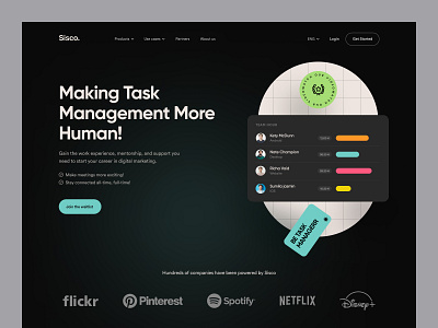 Sisco task management website app design dark dark landingpage dark ui dark website header header design header ui landing page product design task task management todo ui design uiux design web webdesign website website design