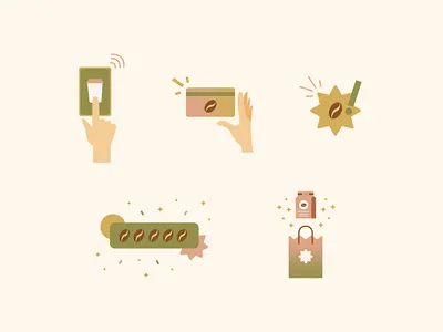 Coffee Rewards Program Illustrations coffee coffee app coffee bean coffee roaster coffee shop design flat illustration gradient design icons illustration illustrator mobile app illustrations spot illustrations ui ui illustrations