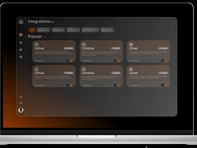 Dark Integrations ui animation cards dark glassmorphism graphic design integrations motion graphics ui