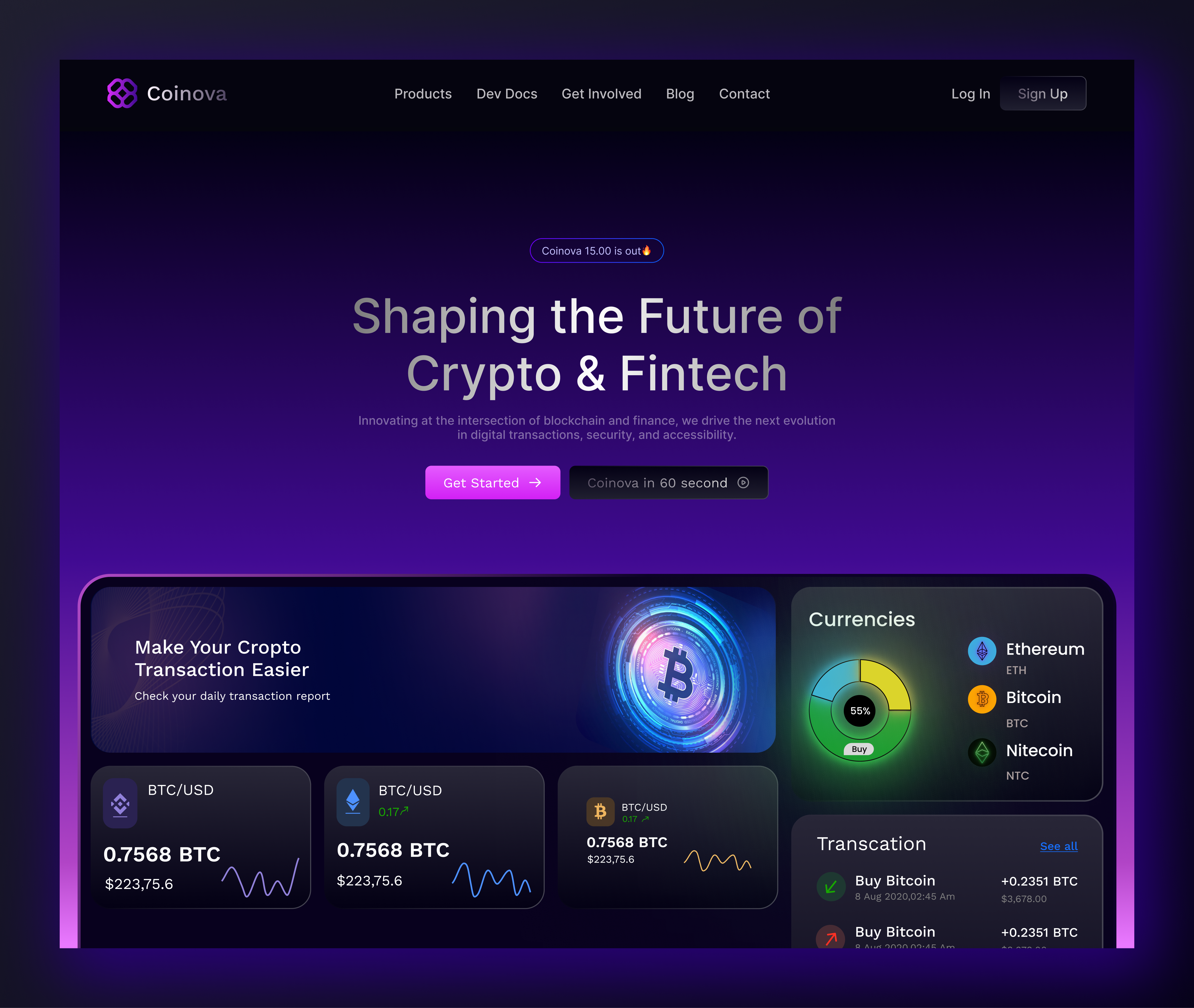 Crypto Website Hero Section UI bitcoin blockchain ui coinova crypto exchange crypto ui dark effect dark mode ui finance dashboard fintech fintech app fintech design glassmorphism gradient ui landing page design nft marketplace saas website trading platform ui ux design web3 design