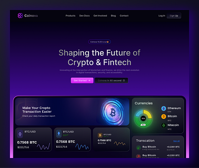 Crypto Website Hero Section UI bitcoin blockchain ui coinova crypto exchange crypto ui dark effect dark mode ui finance dashboard fintech fintech app fintech design glassmorphism gradient ui landing page design nft marketplace saas website trading platform ui ux design web3 design