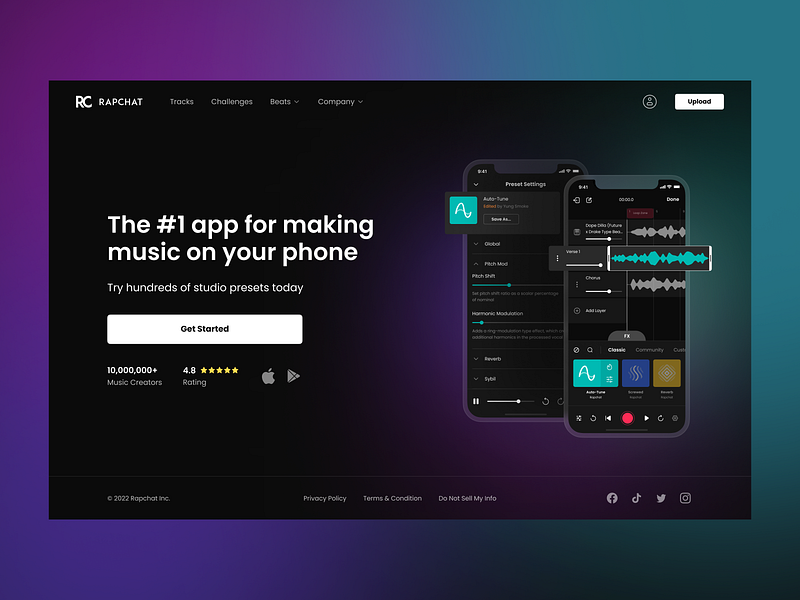 Rapchat App application artist dark theme fireart fireart studio hero image hero screen mobile mobile interface music music studio rapchat rapchat app recording studio song ui ux web web app website