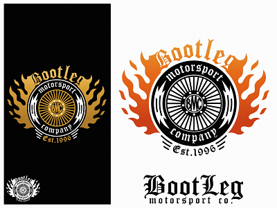 "Bootleg" Motorsport Co. Logo bootleg fire flame graphic design icon illustration logo moto motorsport vector wheel