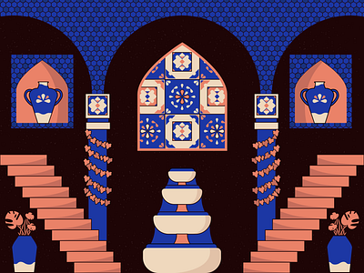 Mosaic Courtyard blue ceramic courtyard fountain garden greek illustration illustrator modern mosaic motif pilar pink plants roman stairs terrace tile vase vector