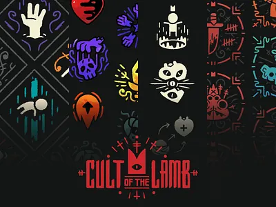 Cult of the Lamb Icons abilties achievements computer game console game cult of the lamb devolver digital game art game ui iconography icons map massive monster roguelike traits trophies twitch ui ui art upgrades video game