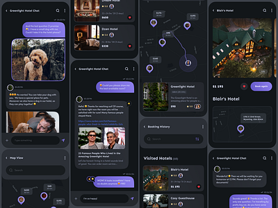 Mobile app for locating hotels 2d app application concept creative dark mode design elena sinianskaya gotoinc hotel hotels map mobile modern olena synianska traveling trvel ui uiux ux