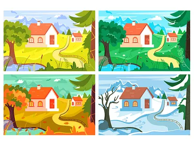 Four seasons autumn cartoon collection farm flat garden illustration lake landscape nature outdoor season spring summer vector weather wild wildlife winter