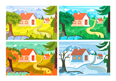 Four seasons autumn cartoon collection farm flat garden illustration lake landscape nature outdoor season spring summer vector weather wild wildlife winter