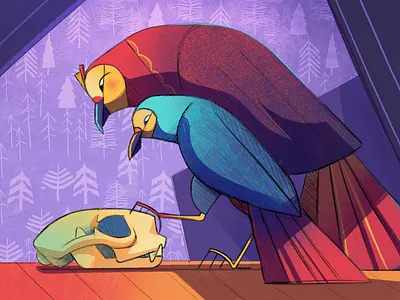 Curiosity 2d illustration bird cat character character design fireart fireart studio flat illustration skull texture