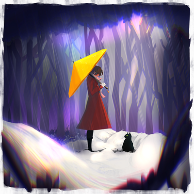 A new friend cat illustration slice of life snow umbrella