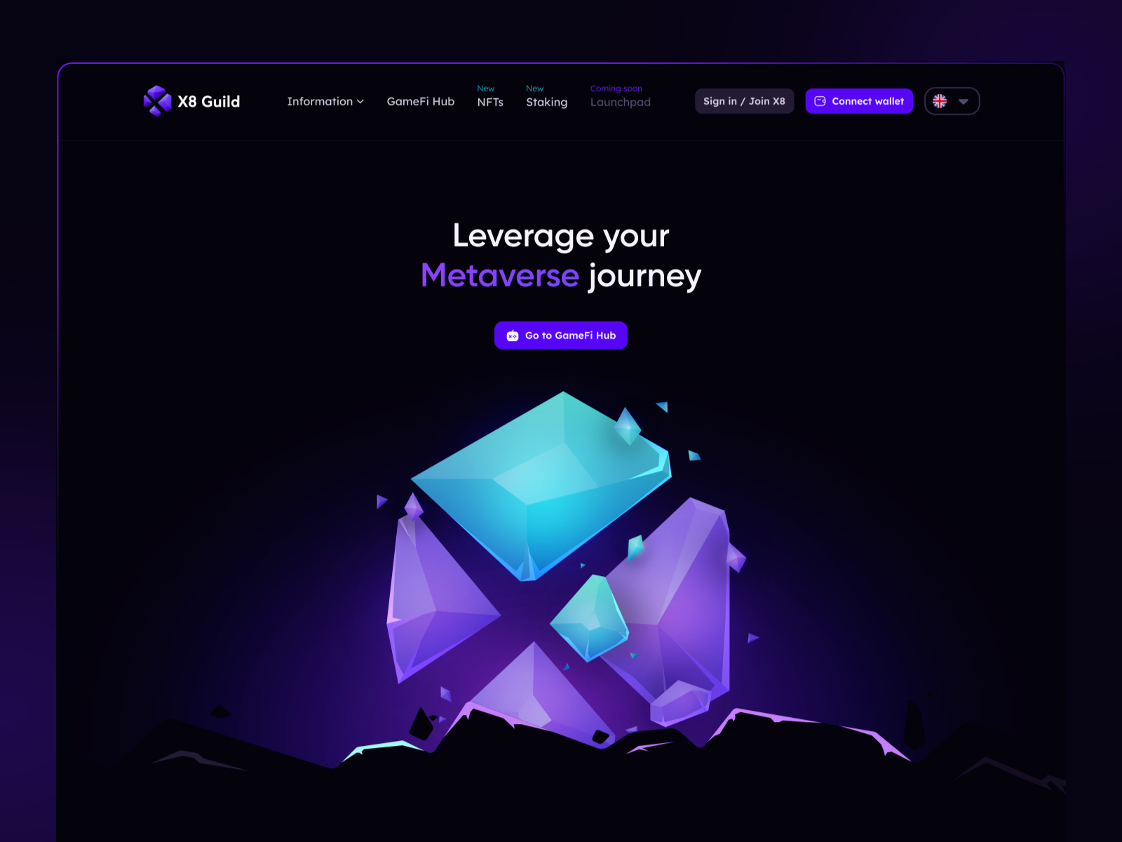 GameFi Guild Platform Landing animation crystal dark theme ecosystem game guild gamefi hero banner hexagon illustration jak landing page listing loading metaverse parallax scroll solution website design