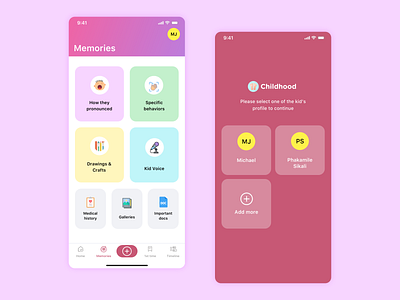 Childhood iOS app add more app child children colors design discover grid icons ios memories ui ux
