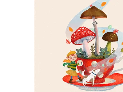 The mood of autumn autumn boock branding childrenboock childrenillustration cup design digitalart dog gir graphic graphic design happy ill illustration leave like mushroom tea wind