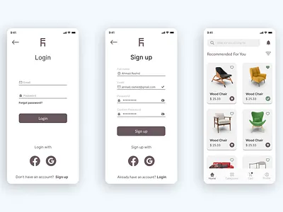 FurnitureHub App UI app e commerce home login mobile design products screen sign up ui ui ux ux