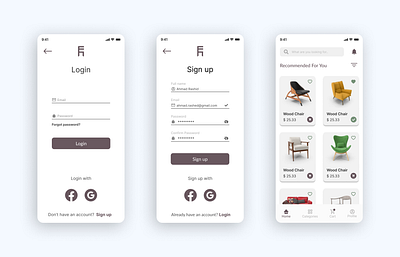 FurnitureHub App UI app e commerce home login mobile design products screen sign up ui ui ux ux