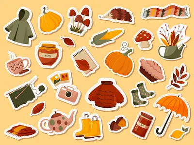 Autumn stickers autumn boots cosy illustration leaf pumpkin raincoat socks sticker tea umbrella