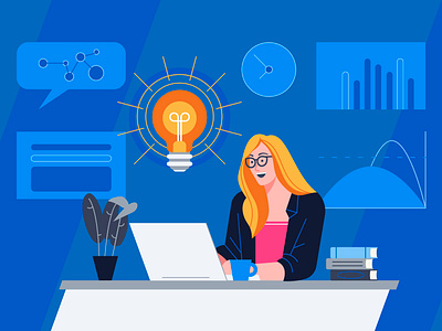 AHA! Moment abstract bulb character computer experience flat design illustration laptop looking main illustration office surprised technology user vector woman wonder