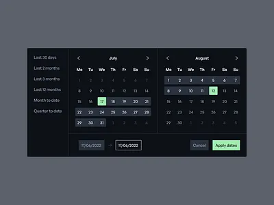 Nook • Date Range Picker Component analytics calendar components dark dark ui dashboard date picker design system dropdown filters finance fintech inputs money navigation popover popup saas schedule ui components