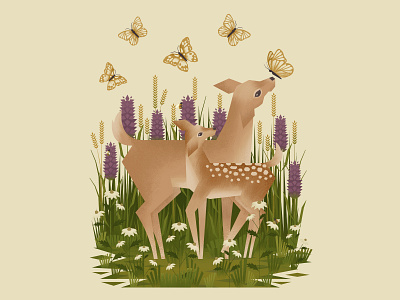 A Fawn and a Doe butterflies butterfly deer digitalartist doe fawn flowers green ill illustration nature outdoors plants wacom