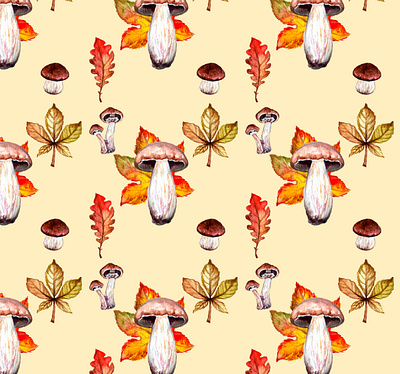 autumn watercolor pattern, leaves and mushrooms, autumn autumn design fall graphic design hand painted illustration painting pattern watercolor