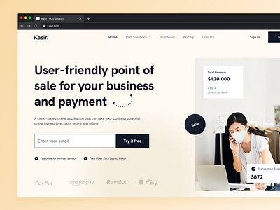 Kasir - POS Landing Page clean design header hero header landing page minimalist payment point of sale pos sale transaction ui ux web web design website