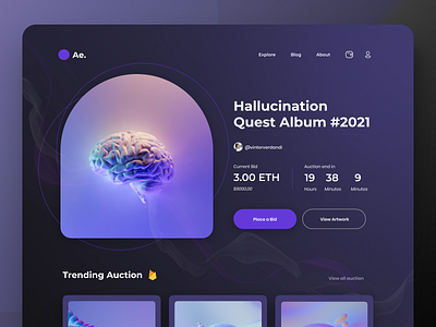 Ae - NFT Marketplace Header art black blockchain crypto cryptocurrency dark mode design figma graphic design header landing page minimal nft nft art nfts purple ui ui ux web design website