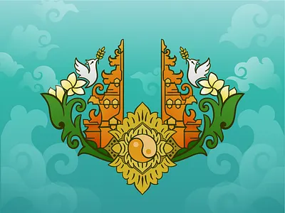New Hope on The Land of God adobeillustrator balinese cyan floral design gate graphic design hope illustration indoillustration local pigeon sky vector art yin yang