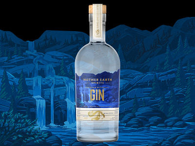 Mother Earth Spirits Gin 2d alcohol bottle design digital painting gin illustration ipad pro label landscape package packaging procreate spirit waterfall