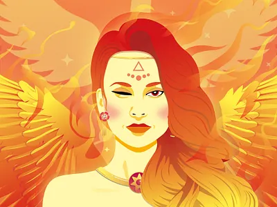 Sol Sister - Phoenix Goddess contrast daily art fire flat design goddess illustration mythical nft nft art nft artist orange phoenix portrait red solana solanart vector vector illustration wings yellow
