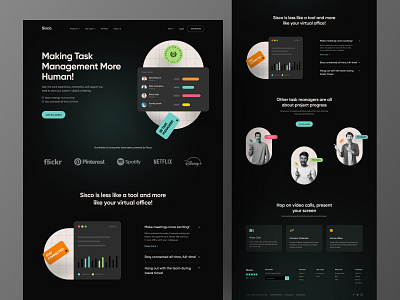 Sisco task management website branding dark dark landing page dark ui header header design header ui landing page task task app taskmanagement todo todo app ui ui design web web design website website design