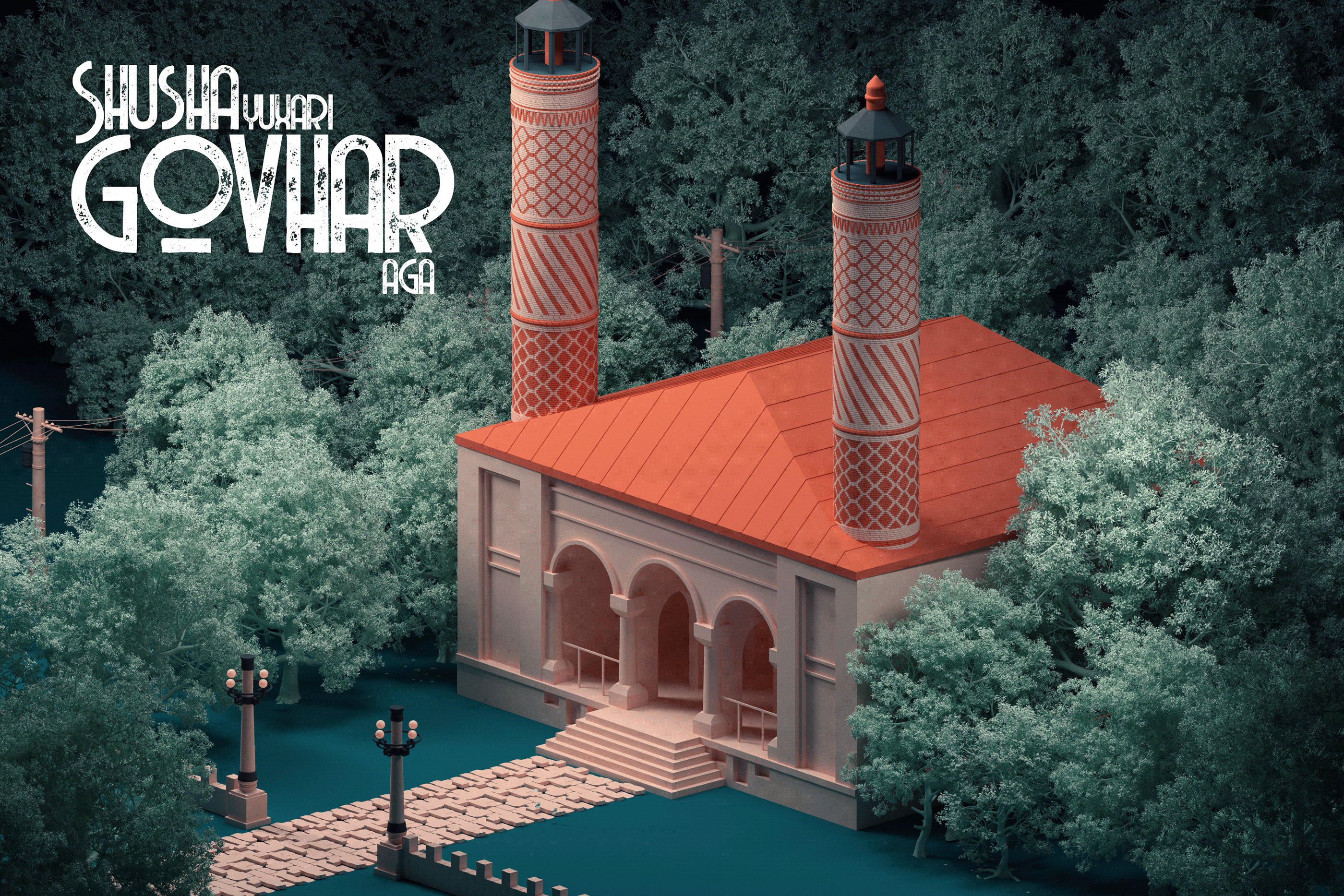 Shusha - "Yuxari Govhar Aga" Mosque. 3d adobe cinema cinema 4d design emiliance graphic design low poly maxon maxon c4d minimal photoshop redshift render
