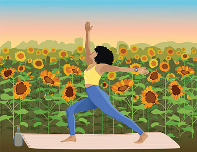 Woman #5 | Yoga in the Sunflower Field art banner body card design earth field fitness girl health illustration love nature pilates planet sunflower field sunflowers wellness woman yoga