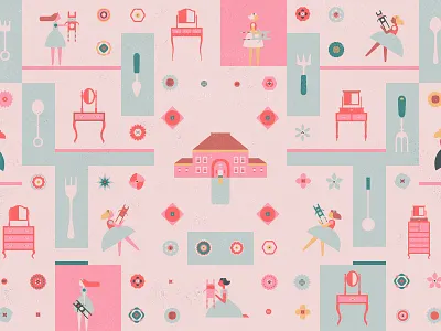 Little girls with dolls, cutlery, flowers, and dressers character design doll dresser flower fork girls ilustration mirror spoon