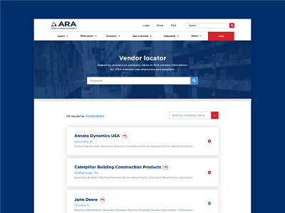 ARA :: Vendor Locator association find vendors resources search search results searchbar ui ux vendor locator web website