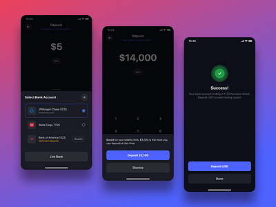 Transfer funds. Details for banking flow. Motocho add funds banking cashapp coinbase crypto deposit exchange finance fintech interface ios mobile product design robinhood trading transfer transfer funds ui ux withdraw