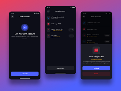 Manage bank account. Settings. Motocho add bank banking bunq cashapp coinbase empty state finance fintech link bank manage banks mobile monzo n26 product design reverify revolut robinhood settings unlink bank ux