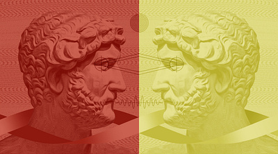 Why brand and story are twins | Illustration for Studio Science brand strategy branding listening red ribbon seeing speaking static statue story storytelling texture thinking twins two halves whole yellow