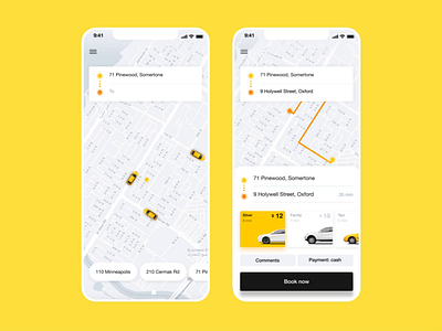 Taxi service animation app booking car drive go input journey location map mobile path rent road route slider taxi techwings trip yellow