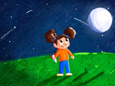 Children's Book Illustration - To the Stars book charcoal children grass illustration kid moon people procreate rocket space stars