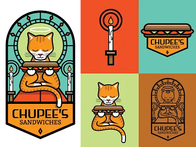 Chupee's Sandwich Shop Branding brand branding candle candles cat feline food halo hoagie logo restaurant branding saint sainthood sandwich sandwiches shop local stained glass sub vector art zen