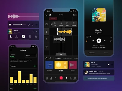 Rapchat App analytics app application dark theme dashboard fireart fireart studio interaction interface mobile mobile studio music music app music studio rapchat rapchat app recording studio sound wave ui ux