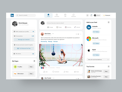 LinkedIn - UI Concept creative design linkedin linkedin redesign minimal redesign social social app social media social network ui ux web design webapp