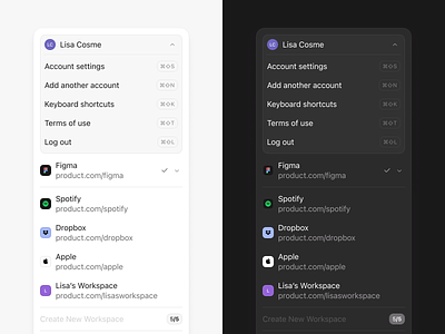 Workspace/Profile menu account accounts clean dark desktop divider dropdown feature icon keyboard light logo menu minimal minimalist profile settings shortcut tag workspace