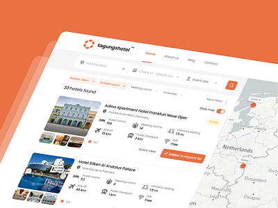 Tagungshotel - Hotel Booking Web & Mobile App amenities booking booking process cards clean design gallery hotel hotel booking location map minimal mobile app modern search bar search map simple tags ui web app